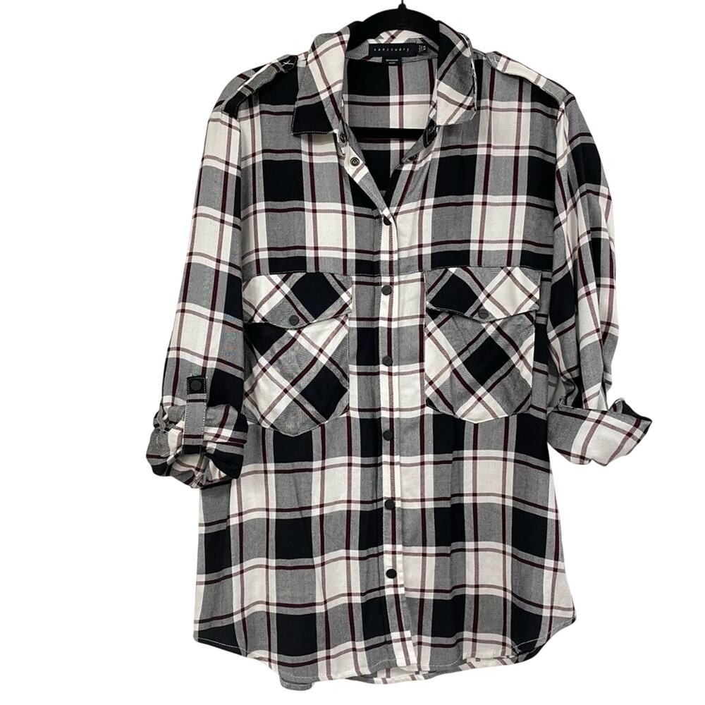 Sanctuary Red Black & White Plaid Womens Snap Front Shirt XS Oversized Blouse
